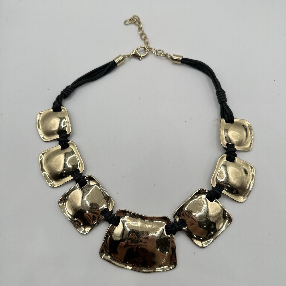 VTG Necklace Black Cord Gold Tone Disk Boho Tribal Statement 20"
